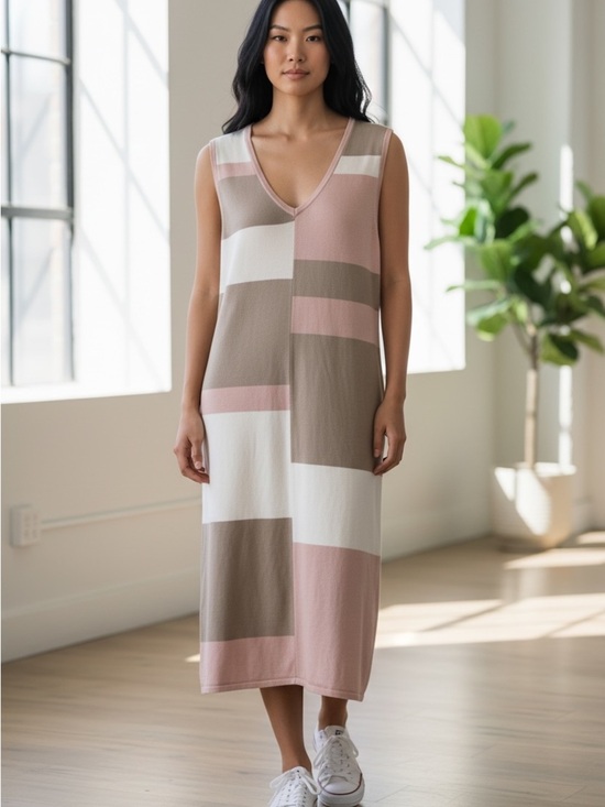Wynne Colletions Dresses & Skirts - V-Neck Colorblock Knit Dress by Maxine Collection — Dusty Pink, Taupe, Cream